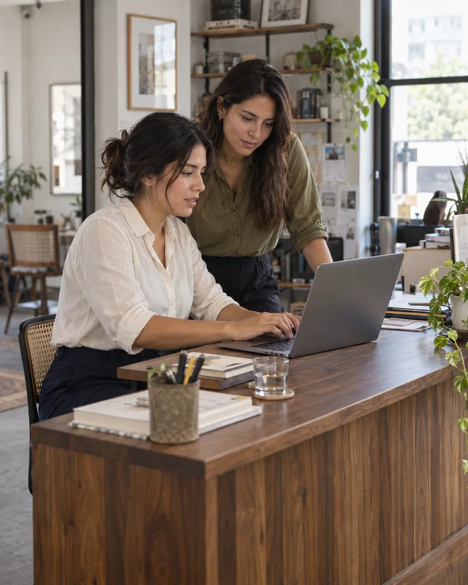 Dos compañeras revisan juntas el trabajo del día en una computadora.